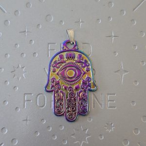 A titanium pendant shaped like the Hamsa hand with an iridescent finish, featuring intricate patterns.