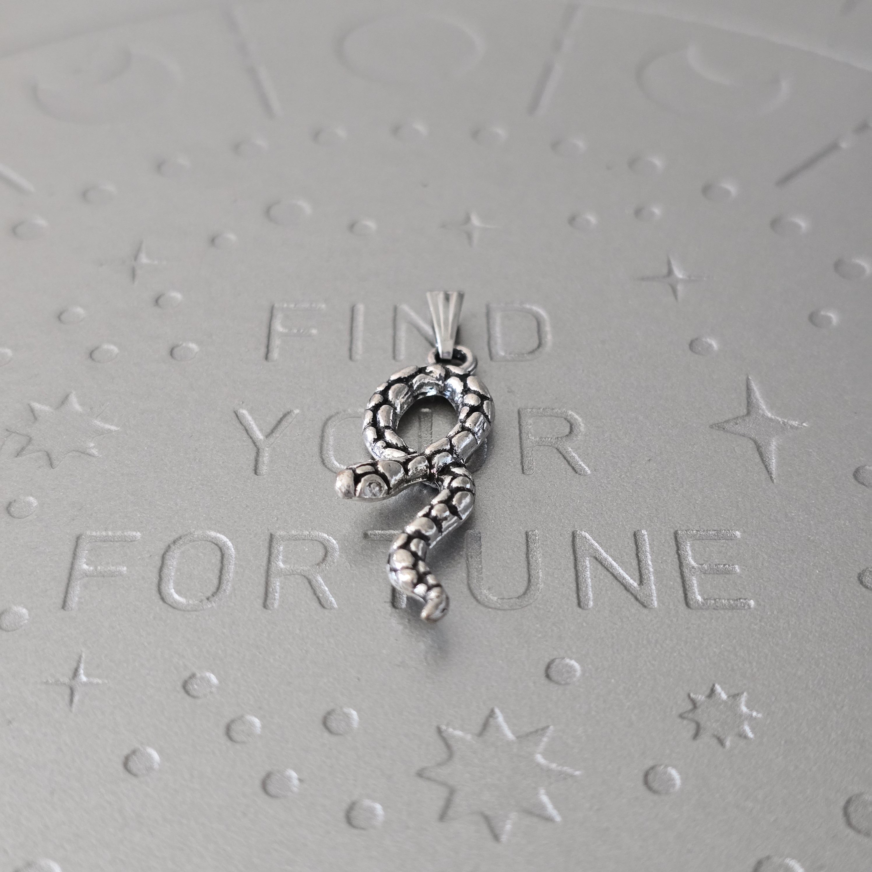 A metallic snake-shaped pendant displayed against a textured background.