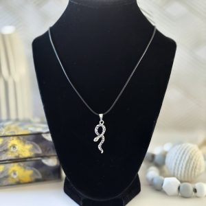 A serpent-shaped pendant hanging from a 22" inch korean wax black cord, displayed against a mystical background.